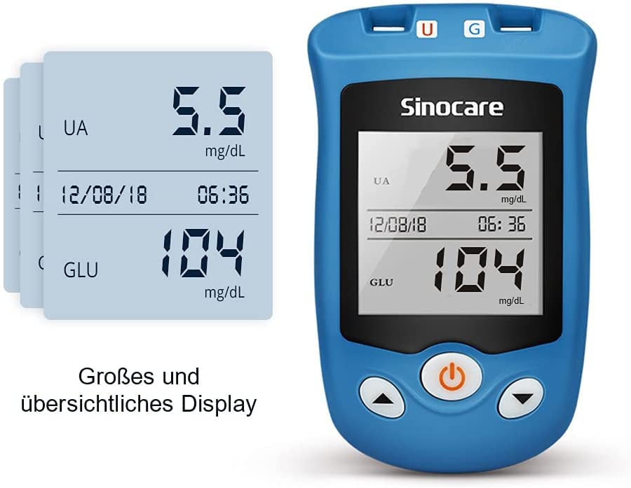 Sinocare Safe AQ UG Blutzucker- und Harnsäure-Messgerät mit 50 Blutzuckerteststreifen und 50 Harnsäureteststreifen mg/dL, Eine Maschine mit doppeltem Verwendungszweck.