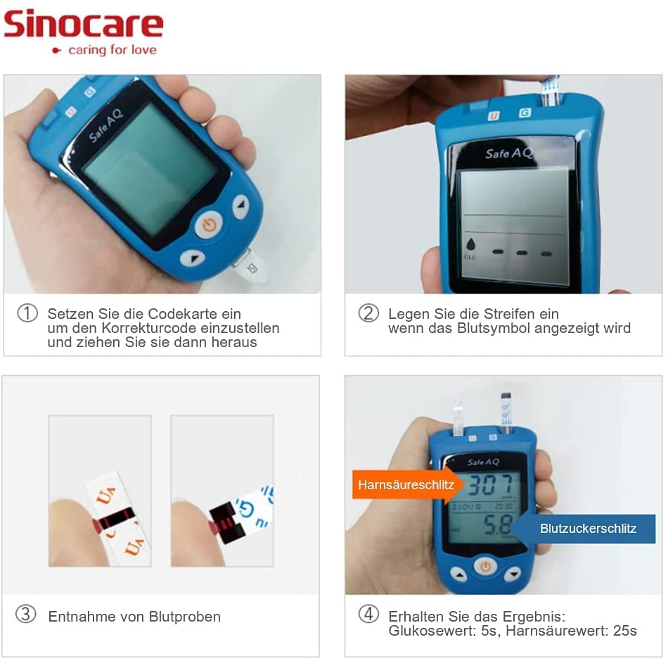 Sinocare Safe AQ UG Blutzucker- und Harnsäure-Messgerät mit 50 Blutzuckerteststreifen und 50 Harnsäureteststreifen mg/dL, Eine Maschine mit doppeltem Verwendungszweck.