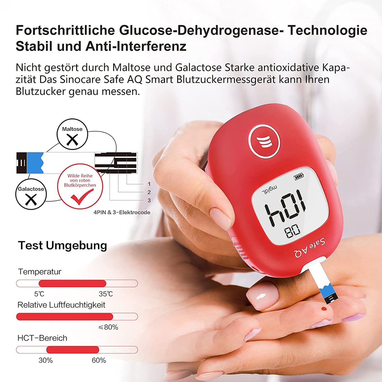 Sinocare Blutzuckermessgerät, mg/dL, blutzuckermessgerät set mit teststreifen, Selbsttest Diabetes-Set, Portable für Reise(Safe AQ smart)
